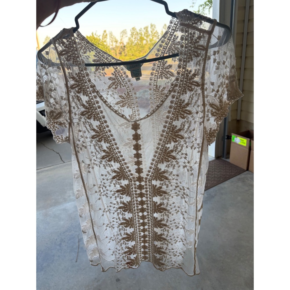 Sundance Womens XS Cream Sheer Floral Lace Mesh Top V-Neck Short Sleeve Boho